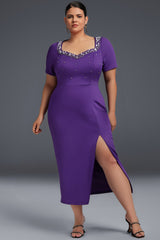 Curveins Elegant Plus Size V-Neck Side Slit Bodycon Maxi Dress