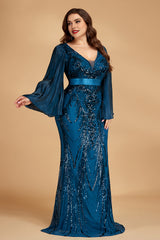 Curveins Plus Size V-Neck Flared Sleeve Shimmer Bodycon Maxi Dress