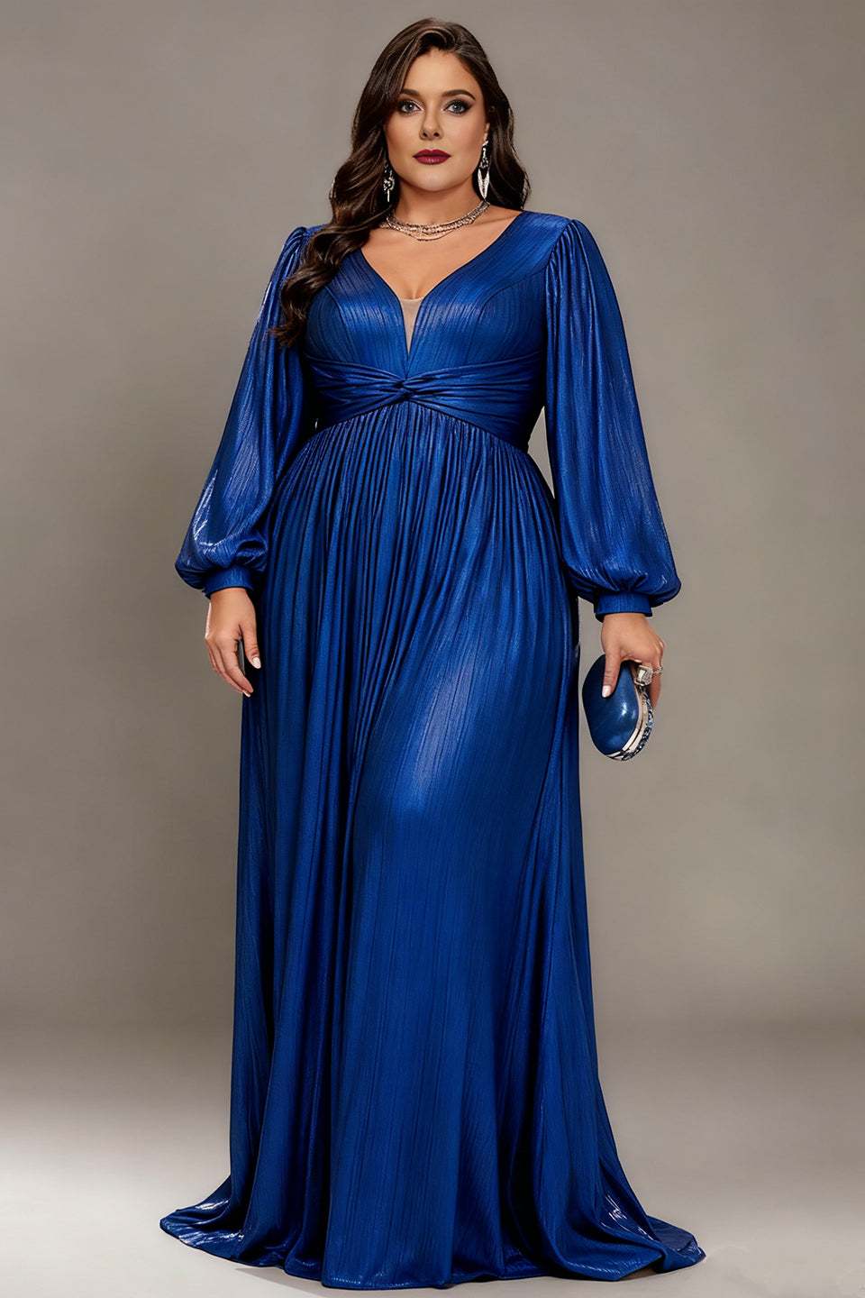 Curveins Plus Size V-Neck Long Lantern Sleeves Classic Evening Maxi Dress