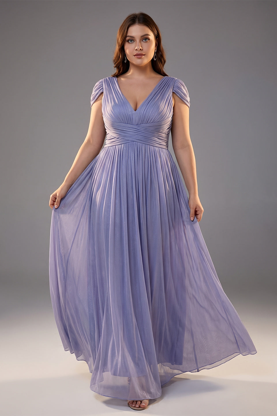 Curveins Plus Size V Neck Short Sleeve Cinched Waist Elegant Maxi Dress