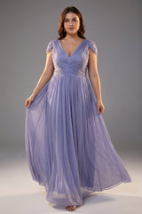 Curveins Plus Size V Neck Short Sleeve Cinched Waist Elegant Maxi Dress