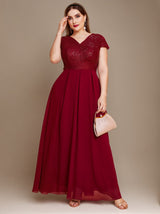 Curveins Plus Size V-Neck Sequin Panel High Waist Chiffon Maxi Dres