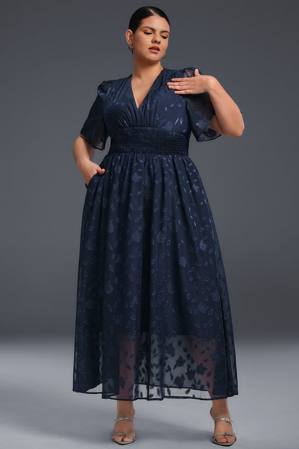 Curveins Plus Size V-Neck High-Waist Pleated Maxi Dress