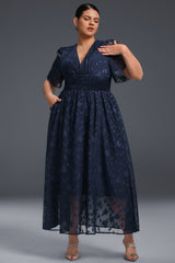 Curveins Plus Size V-Neck High-Waist Pleated Maxi Dress