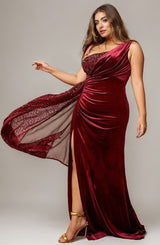 Curveins Plus Size One Shoulder Sequin Patchwork High Slit Maxi Dress