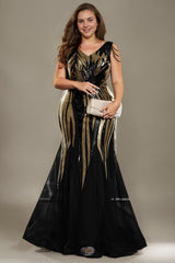 Curveins Plus Size V Neck Sleeveless Striped Sequin Elegant Maxi Dress