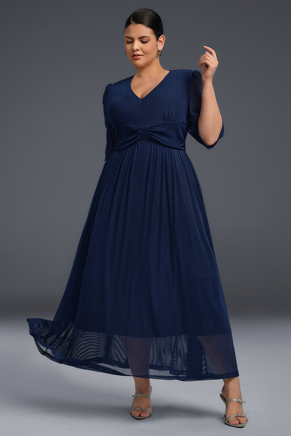 Curveins Plus Size V-Neck Short Sleeve Ruffle Hem Maxi Dress-Pink
