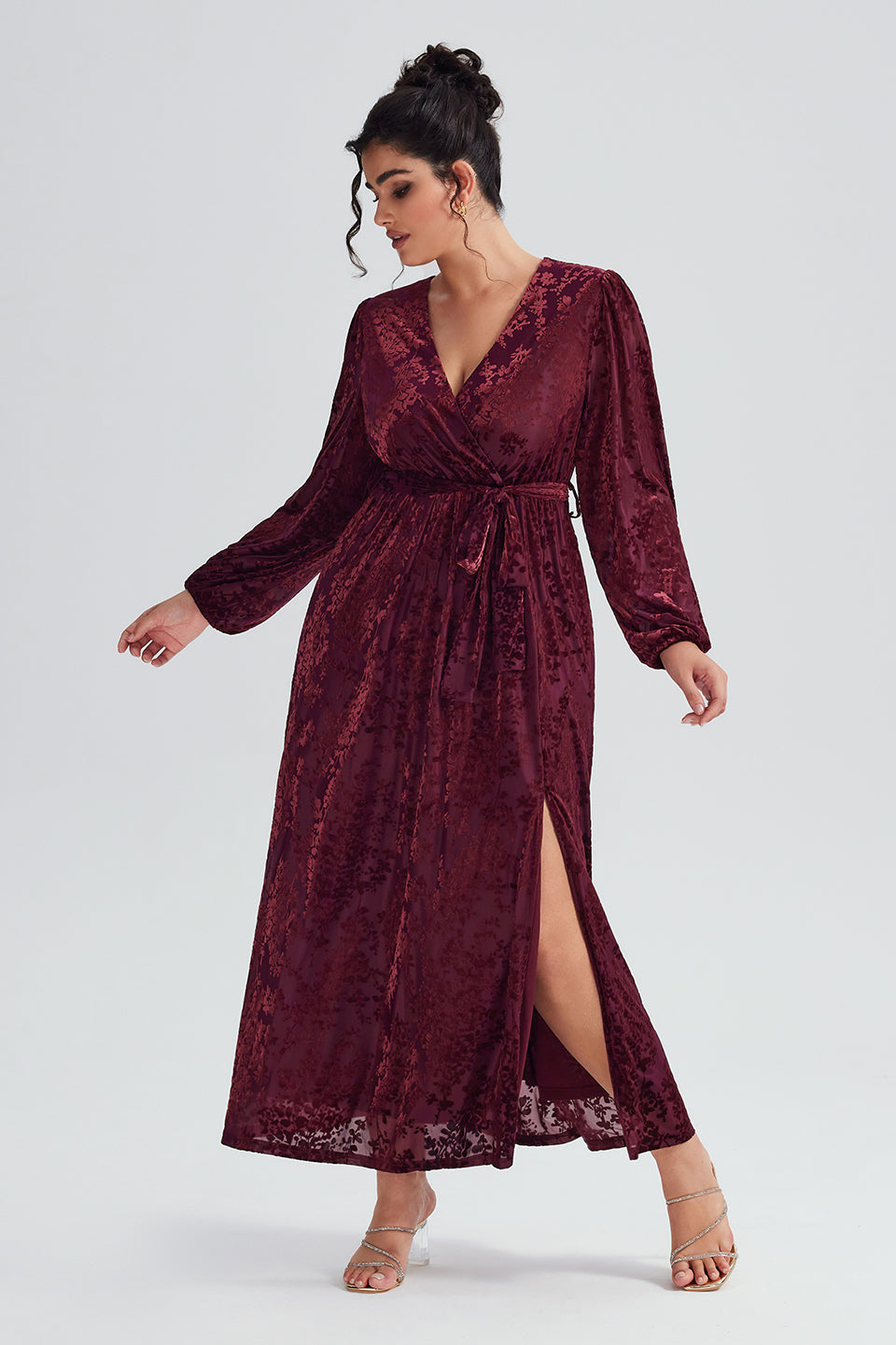 Curveins Plus Size Burgundy Velvet Wrap Maxi Dress