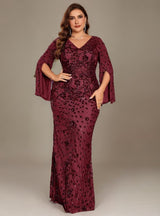 Curveins Plus Size V-Neck Long Sleeves Sequin Floral Bodycon Maxi Dress