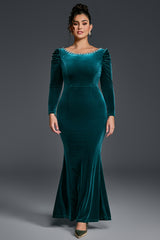 Curveins Plus Size Round Neck Long Sleeve Rhinestone Waist Bodycon Velvet Maxi Dress