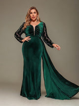 Curveins Plus Size Velvet Sequin V-Neck Long Sleeve Bodycon Maxi Dress