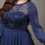 Curveins Plus Size Round Neck Long Sleeve Pleated Maxi Dress
