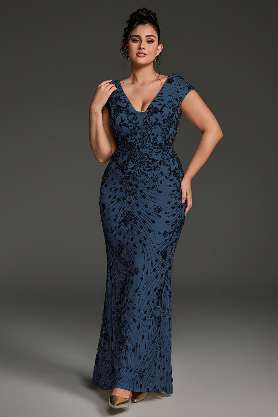 Curveins Plus Size One-Shoulder Side Slit and Waist Cinch Maxi Dress