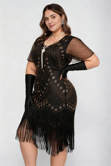 Curveins 1920s Black Stella Plus Size Sequin Fringe Flapper Gatsby Dress