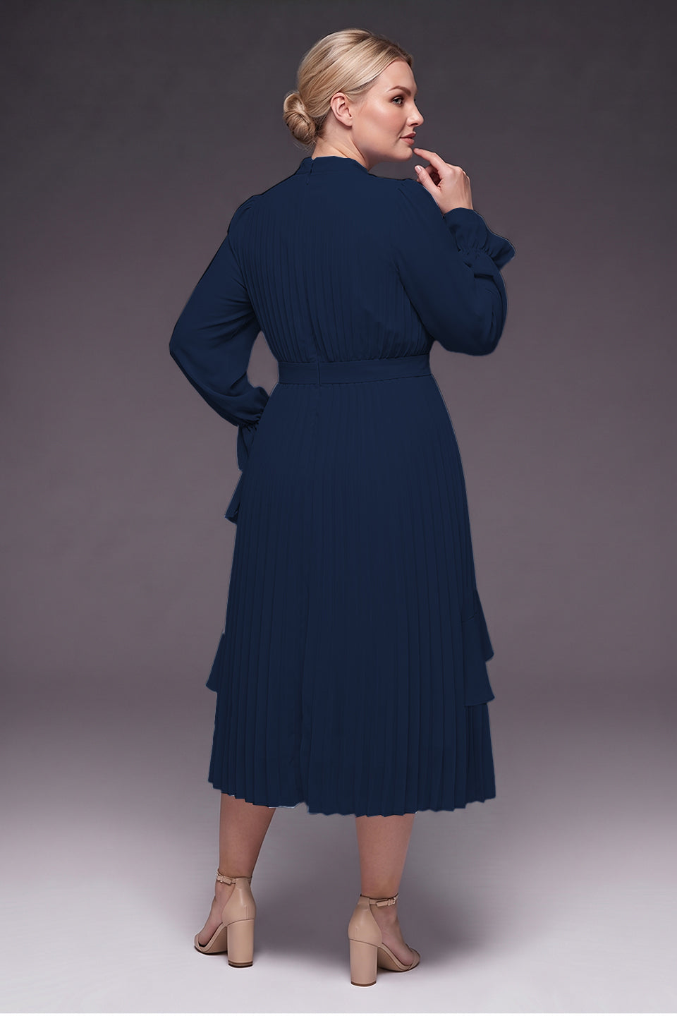 Curveins Plus Size Long Sleeve Ruffle Detail Pleated Asymmetrical Hem Midi Dress