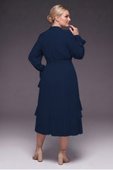 Curveins Plus Size Long Sleeve Ruffle Detail Pleated Asymmetrical Hem Midi Dress