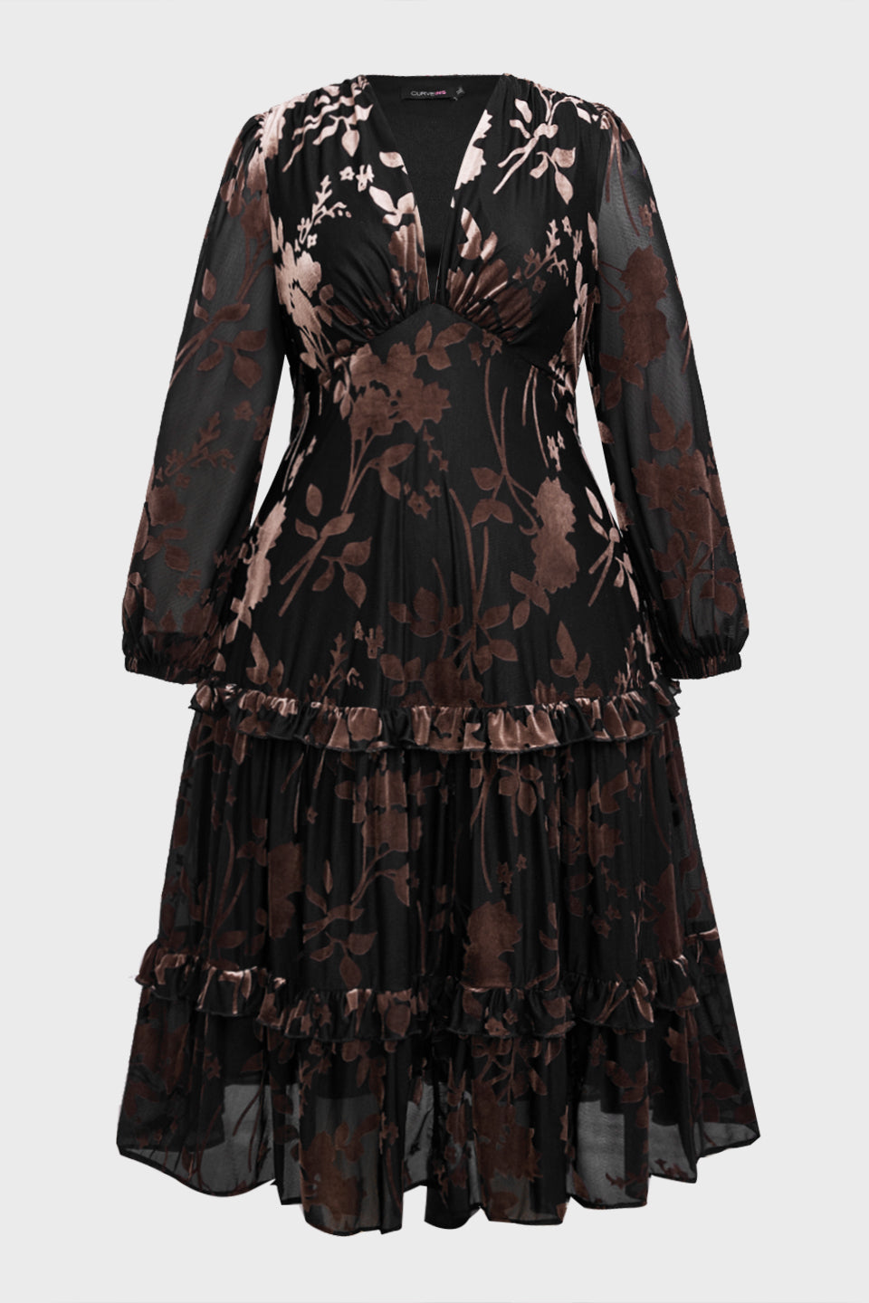 Curveins Plus Size Velvet V-Neck Lantern Sleeve Tiered Maxi Dress