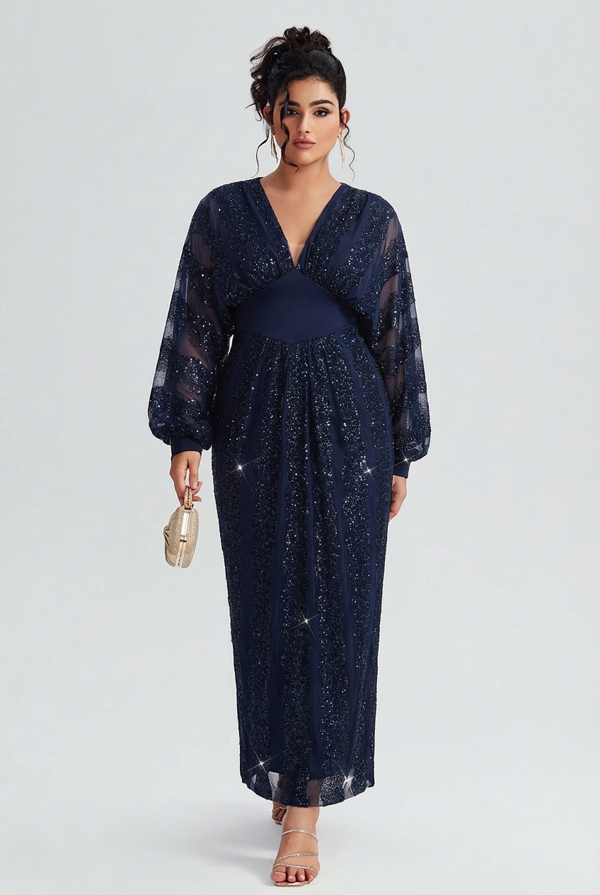 Curveins Plus Size V-Neck Sequin Balloon Sleeve Back-Slit Elegant Evening Maxi Dress