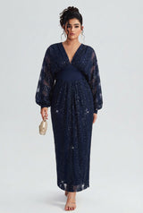 Curveins Plus Size V-Neck Sequin Balloon Sleeve Back-Slit Elegant Evening Maxi Dress