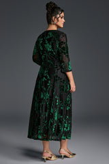 Curveins Plus Size V-Neck Three Quarter Sleeve Patterned Velvet Maxi Dress