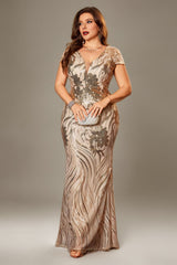 Curveins Plus Size V Neck Short Sleeve Floral Sequin Bodycon Maxi Dress