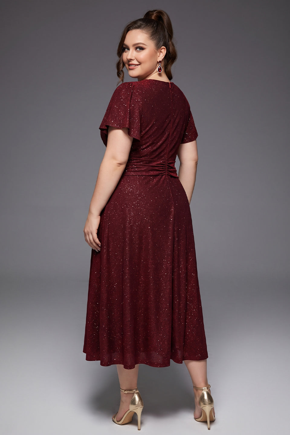 Curveins Plus Size V Neck Short Sleeve Ruched Sparkling Flared Midi Dress