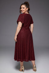 Curveins Plus Size V Neck Short Sleeve Ruched Sparkling Flared Midi Dress