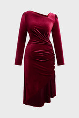 Curveins Plus Size Velvet Asymmetric One Shoulder Long Sleeve Ruched Slit Elegant Midi Dress