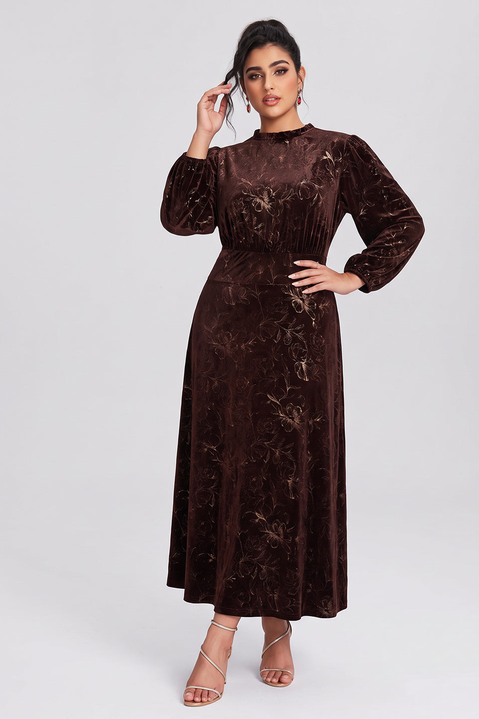 Curveins Plus Size Long Sleeve Velvet Patterned Elegant Flattering Maxi Dress
