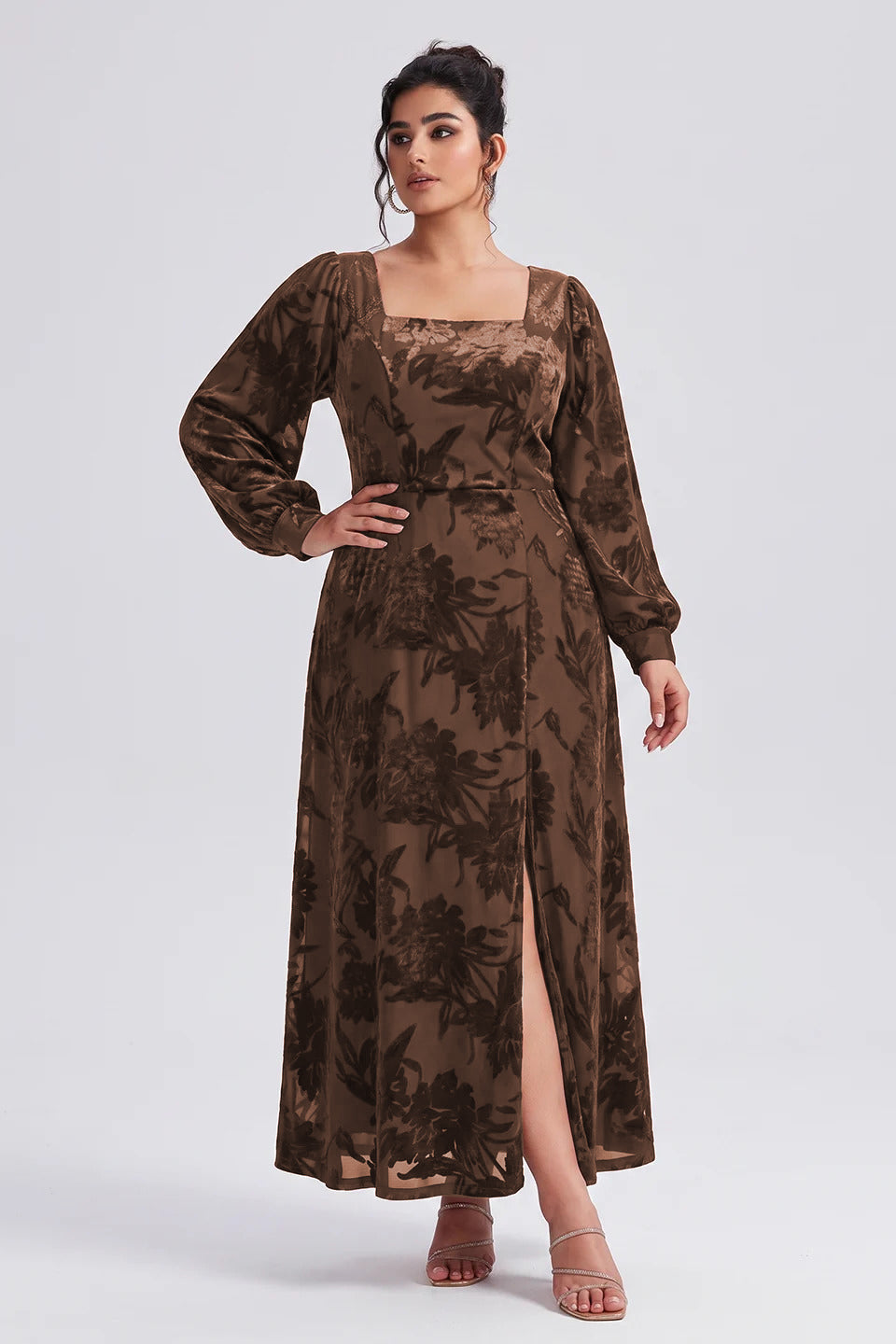 Curveins Plus Size Elegant Square Neck Long Sleeve Floral Print Velvet Split Maxi Dress
