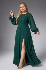 Curveins Plus Size Round Neck Lantern Sleeve Waist-Defining Sequin Panel Slit Maxi Dress