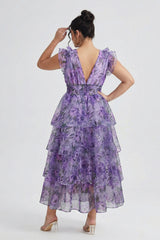 Curveins Plus Size V-Neck Sleeveless Floral Tiered Maxi Dress with Decorative Shoulder Detail