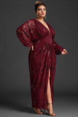 Curveins Plus Size V Neck Sequins Lantern Sleeve Slit Mesh Dress