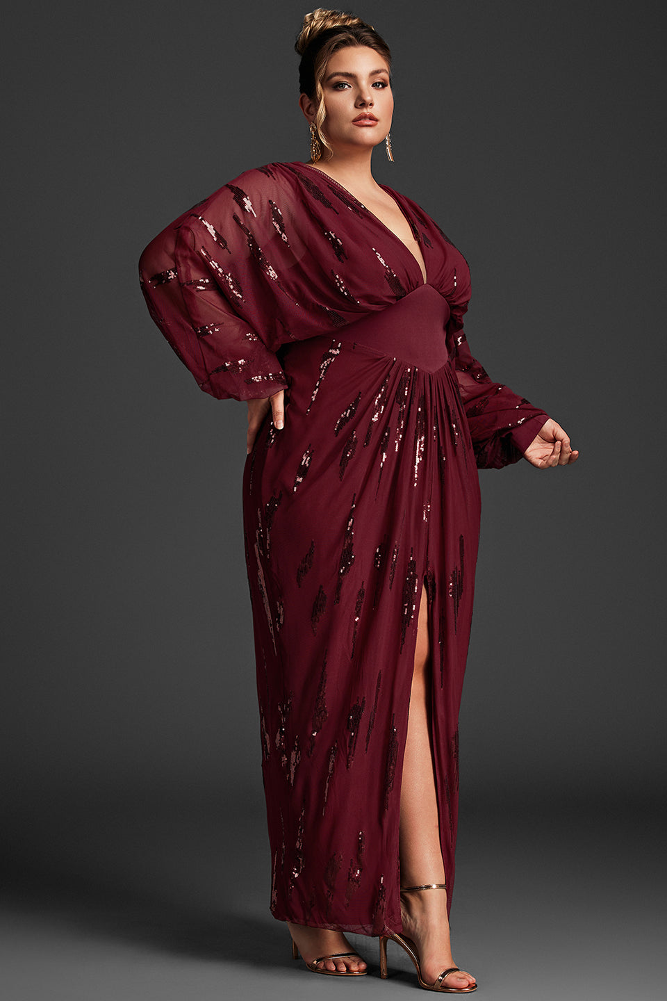 Curveins Plus Size Lantern Sleeve Slit Mesh Dress -Burgundy