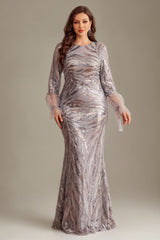 Curveins Plus Size Round Neck Long Sleeve Sequin Stripe Maxi Dress