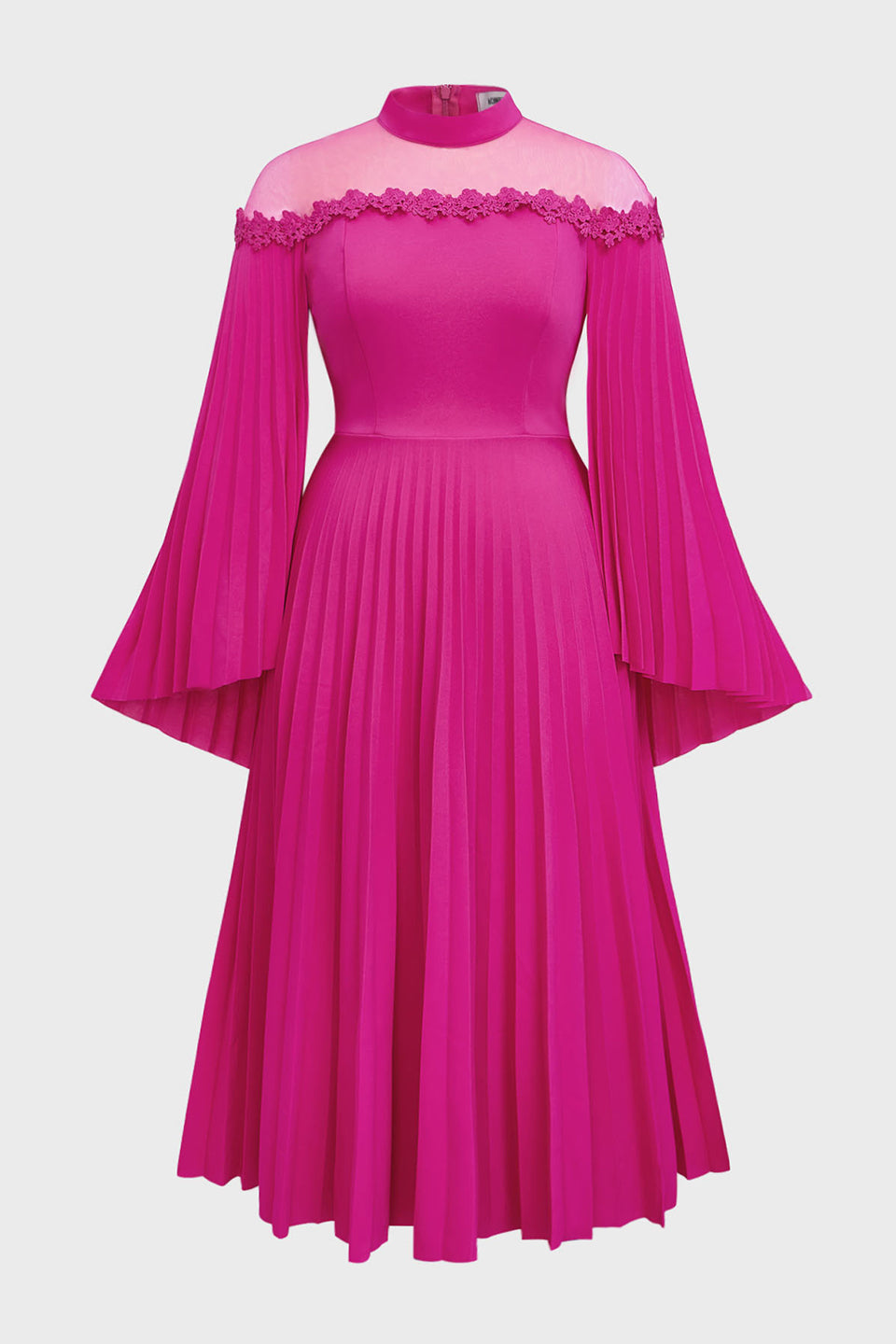 Curveins Plus Size Cape Sleeve Sheer Neck Pleated Maxi Dress