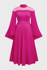 Curveins Plus Size Cape Sleeve Sheer Neck Pleated Maxi Dress