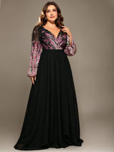 Curveins Plus Size V-Neck Floral Patchwork Maxi Dress with Flattering Flare Sleeves