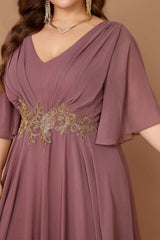 Curveins Plus Size Batwing Sleeve V Neck Gathered Waist Elegant Maxi Dress