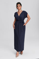 Curveins Plus Size Elastic Waist Shirred V-Neck Wrap Maxi Dress