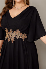 Curveins Plus Size Batwing Sleeve V Neck Gathered Waist Elegant Maxi Dress