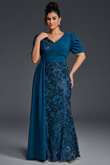Curveins Plus Size V-Neck Sequin Patchwork Pattern Maxi Dress