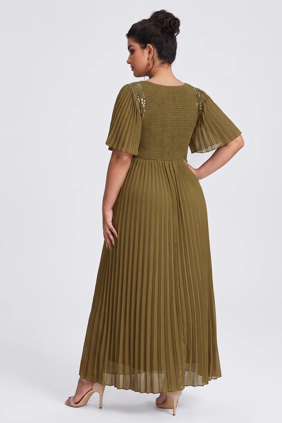 Curveins Plus Size Batwing Sleeve Sequin Panelled Ruched Waist Elegant Maxi Dress