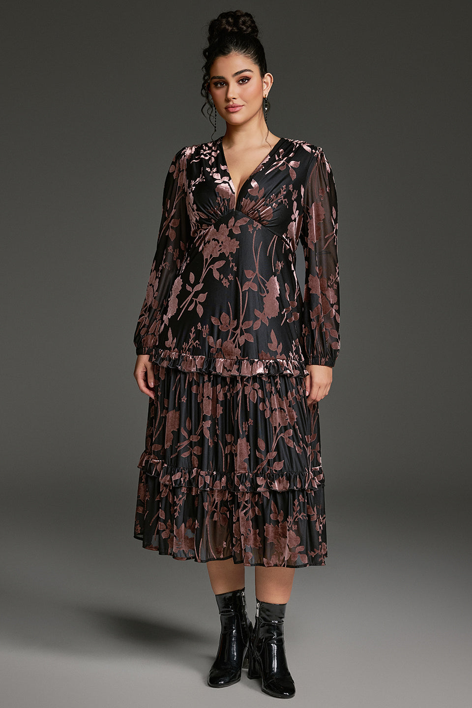 Curveins Plus Size Velvet V-Neck Lantern Sleeve Tiered Midi Dress