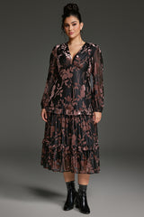 Curveins Plus Size Velvet V-Neck Lantern Sleeve Tiered Maxi Dress