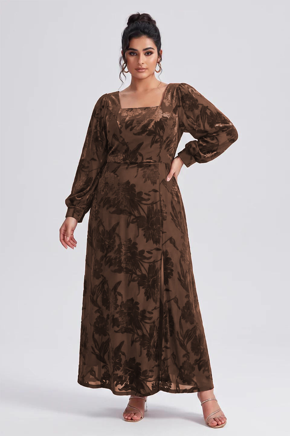Curveins Plus Size Elegant Square Neck Long Sleeve Floral Print Velvet Split Maxi Dress