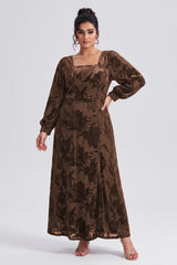 Curveins Plus Size Elegant Square Neck Long Sleeve Floral Print Velvet Split Maxi Dress