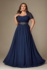 Curveins Plus Size Strapless Embroidered Short Sleeve Waist Cinch A-Line Maxi Dress