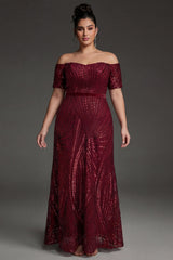 Curveins Plus Size Off-Shoulder Waist Cinched Striped Sequin Maxi Evening Dress