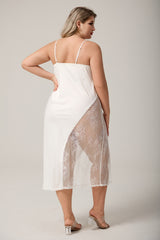 Curveins Plus Size Asymmetrical Lace Panel Sleepwear Dress, Chic Flirty Nightwear Outfit